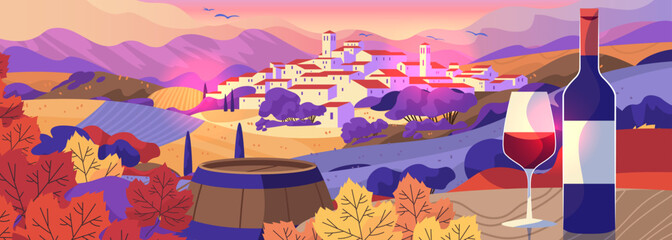 Fototapeta premium Spanish village wine culture vineyard landscape barrel bottle glass scenic countryside hills sunset rural autumn colorful foliage