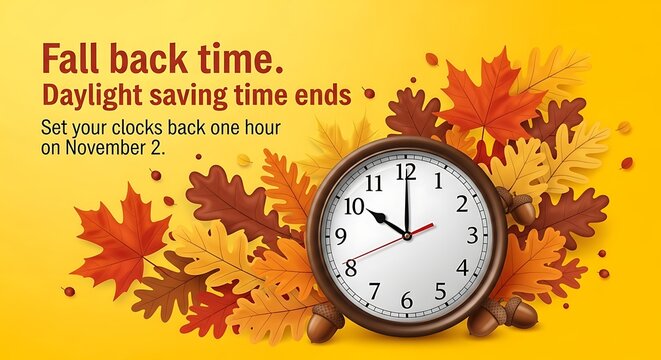 Autumn Clock Graphic Showing Daylight Saving Time Ends Reminder with Fall Leaves
