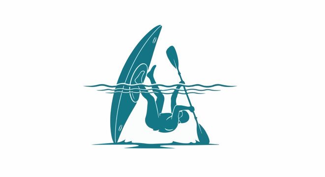 Stylized silhouette of a person capsizing a kayak in teal on a white background