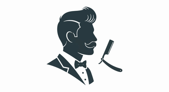 Stylized silhouette of a man with a pompadour hairstyle and mustache, holding a straight razor