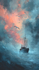 Fototapeta premium Red Fishing Boat in Stormy Sea – AI Generative
