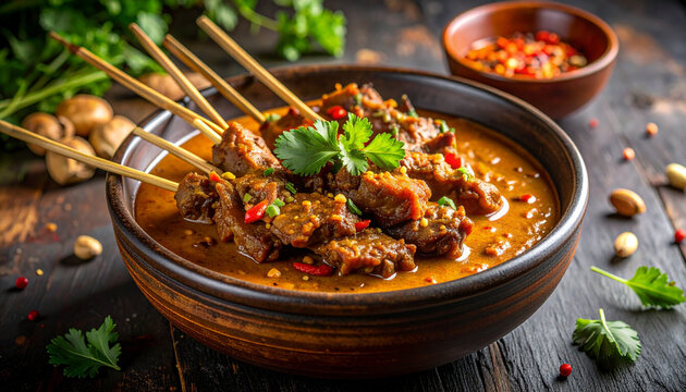 Delicious skewers with flavorful sauce and fresh herbs displayed in a bowl