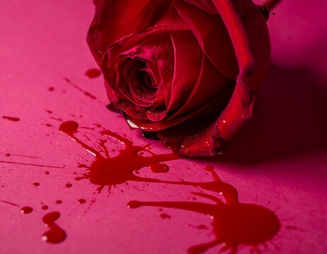 Conceptual close-up of a deep red rose with blood splatters on a magenta background