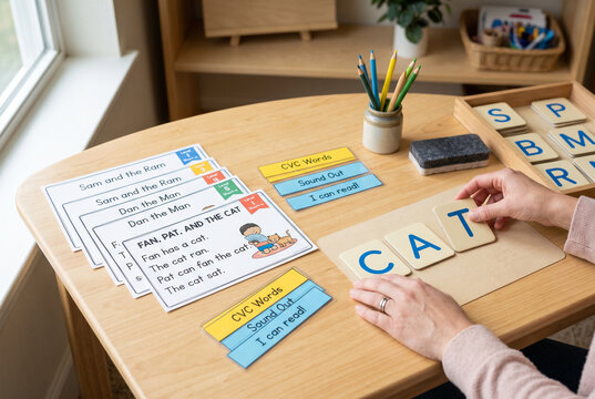 A person is sitting at a wooden desk with learning materials for children. They are working with CVC words and using letter tiles. There are colorful cards and writing tools nearby.