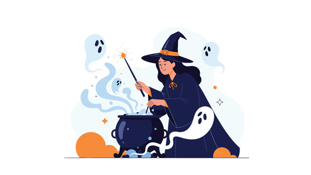 Mysterious witch stirs a bubbling potion in a large black cauldron while friendly ghosts float around her during a magic ritual.