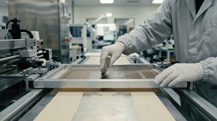 Fototapeta premium Closeup of technician carefully screen printing finepitch electrode patterns onto smooth ceramic green tapes in a controlled production environment.