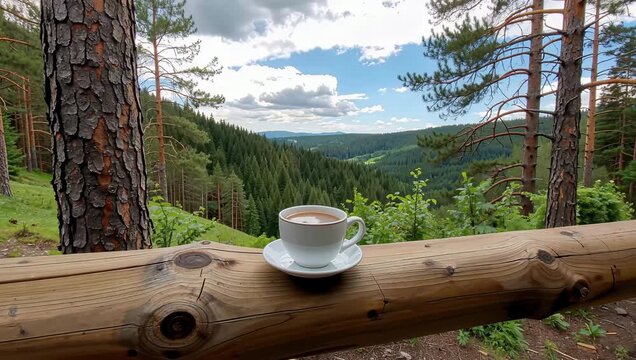 A serene forest landscape with a cup of coffee on a wooden railing overlooking trees