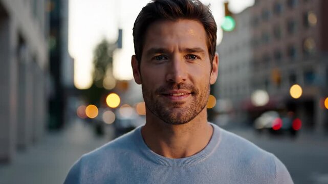 Man with stubble in light blue sweater looks thoughtfully into distance on city street