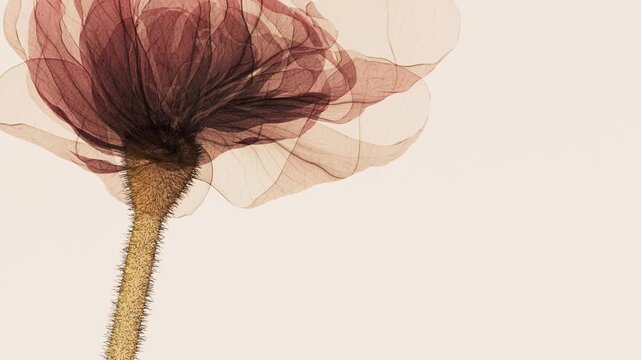 Translucent brown flower opening and zooming closer revealing intricate vein details on cream background, x-ray style transparent petals macro footage, digital nature concept floral motion video for d