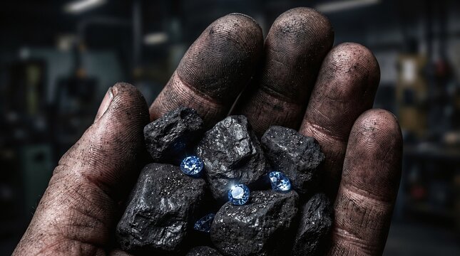 Business metaphor for discovery and hidden potential showing precious blue crystals found in dark coal mining.