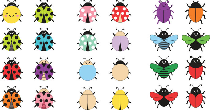 Cute bug and ladybug cartoon vector illustration set featuring colorful insect characters isolated kawaii nature collection