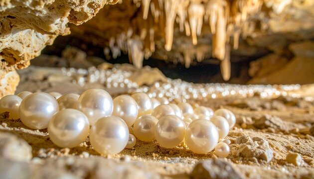Cave pearls in limestone cavern close-up with natural mineral formations and moisture