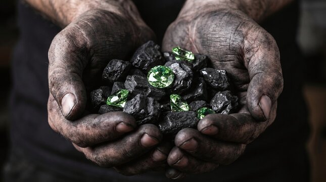 Hardworking hands holding valuable green gemstones among raw carbon pieces, representing hidden wealth and potential.