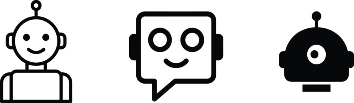 AI Chatbot and Virtual Assistant Icon Set Featuring Friendly Robot Avatars Chat Bubble Communication and Automated Customer Support Symbols
