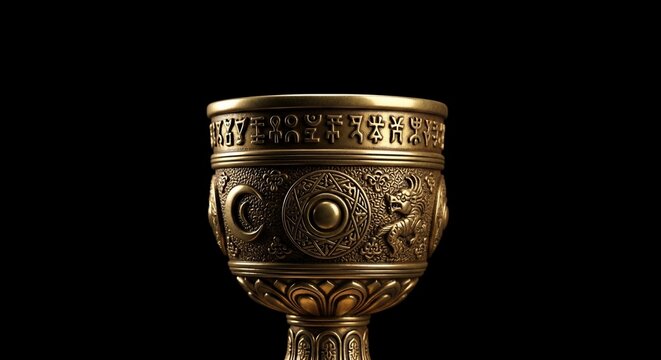 Ornate golden chalice against black background symbolic ancient artifact