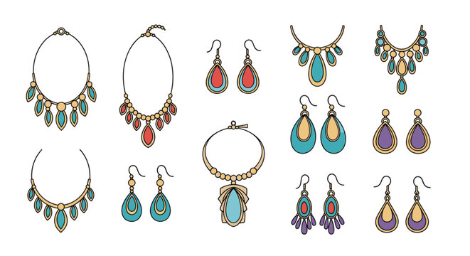 Collection of elegant necklaces and earrings vector icons