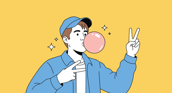 Young man in cap blowing bubble gum and showing peace sign