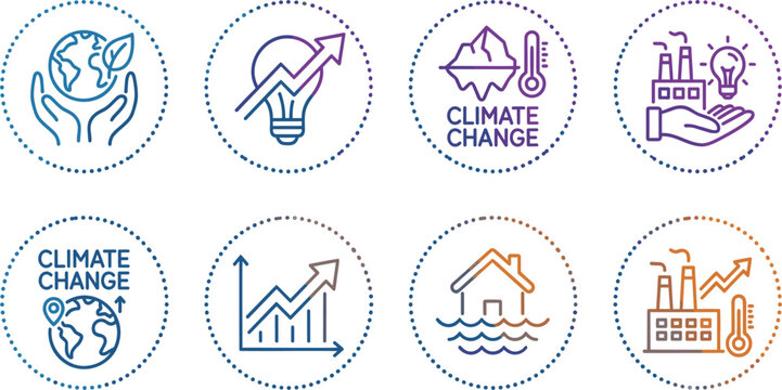 Global Climate Change and Global Warming Line Icon Set Featuring Melting Icebergs Flooded Houses Rising Statistics Charts and Industrial Factory Carbon Emission Symbols