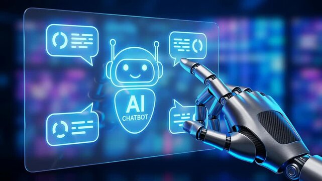 AI chatbot technology with smart robotic hand interacting transparent digital screen showing data and search engine interface cloud computing for SEO and geo analysis smart AI chatbot interface