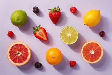 Naklejka premium Colorful assortment of fresh citrus fruits and summer berries including grapefruit orange lemon lime strawberry raspberry and blackberry on purple background with grapefruit strawberry raspberry