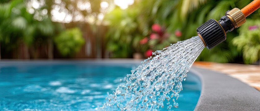 Yellow hose fills swimming pool with water from black and yellow nozzle in outdoor setting under natural light