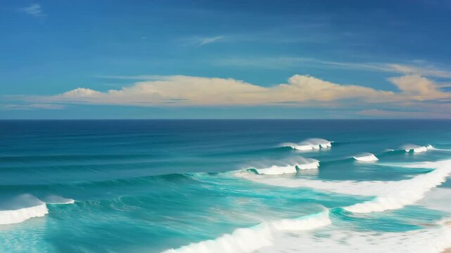 Beautiful Ocean Waves Rolling Toward a Tropical Beach Under Blue Sky