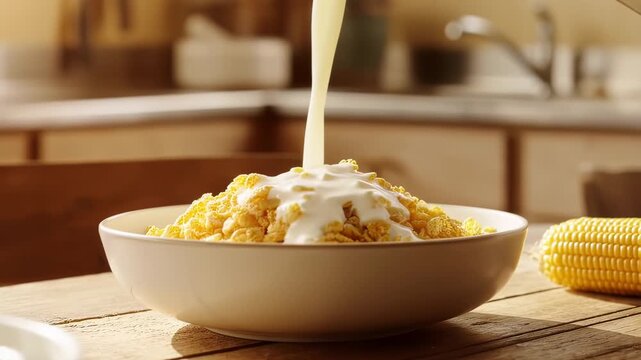 A bowl of cornflakes on a wooden table with milk being poured into it in a kitchen