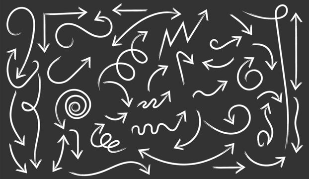 Hand drawn chalk arrow vector set. Rough sketchy direction symbols with grunge pastel pencil texture.  Doodles with chalks. Pastel pencil. Curved and swirl arrows on black chalkboard background
