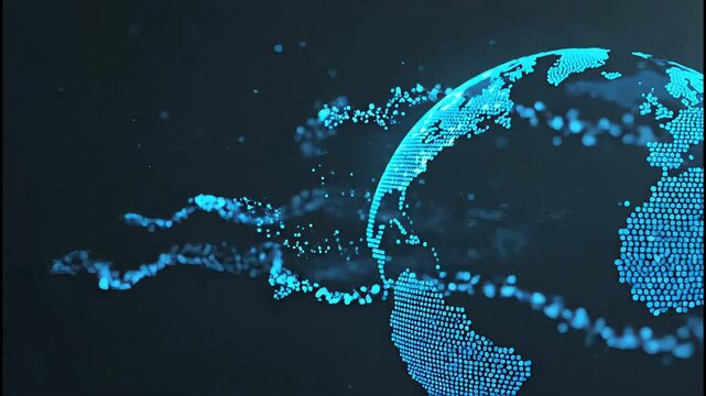 Abstract blue digital globe with scattered lights on dark background
