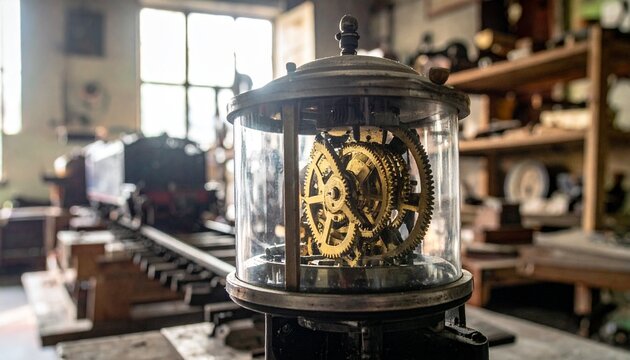 Antique skeleton clock with fusee mechanism displayed under glass dome in heritage workshop