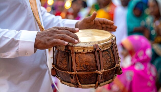 Hands playing traditional wooden tabla drum at festive cultural celebration with colorful decorations