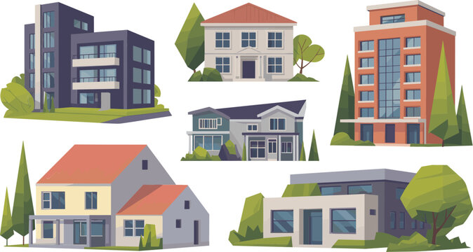 Flat Vector Illustration Set of Modern Residential Houses Apartments and Office Buildings for Real Estate Listings Property Development and Architecture Project Designs