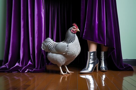 Chicken next to woman's legs in silver boots and purple curtains with domestic livestock domesticus gallinaceous agriculture countryside outdoors wildlife scratching farmhouse