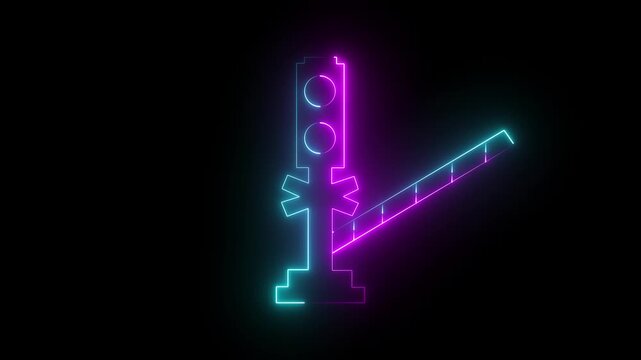  Neon glowing pink and navy blue color car barrier icon on black background. Street road stop border.