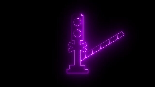  Neon glowing pink color car barrier icon on black background. Street road stop border.