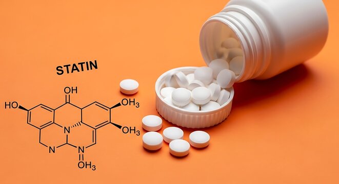 Statin medication pills spilling from white bottle, cholesterol lowering drug treatment, pharmaceutical chemical formula on orange background
