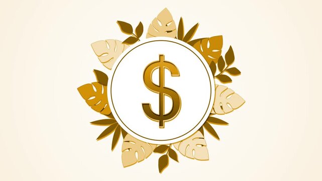 Dollar sign emblem framed by tropical leaves on soft mint background animation