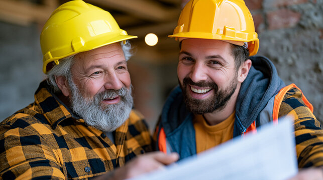 Intergenerational pair of architects reviewing timber frame construction drawings on a construction site, heritage brick wall being carefully repointed behind them, perfect for historic preservation
