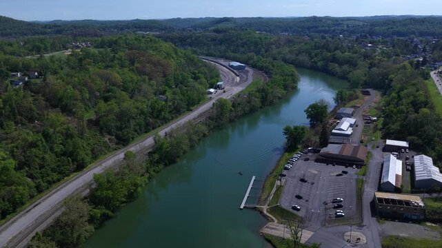 Fairmont West Virginia Railroad Yard Aerial with Freight Tracks and Industry