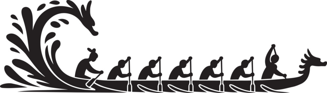 Dragon boat race vector illustration with water splash and rowing crew.