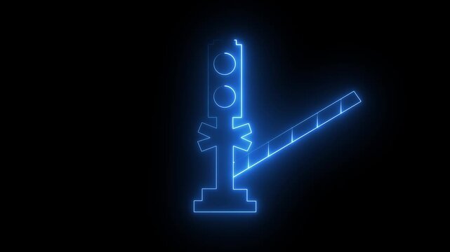  Neon glowing blue color car barrier icon on black background. Street road stop border.