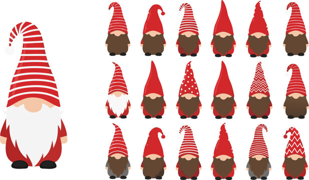 Cute Christmas gnome cartoon vector illustration set featuring festive Scandinavian holiday dwarf characters with red hats isolated collection