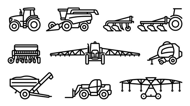Detailed Agricultural Farm Machinery and Implements Line Art, isolated white background
