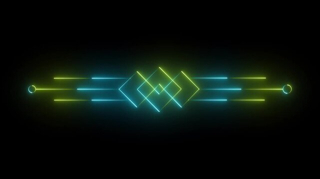 Neon glowing blue and yellow color deco divider header icon on black background.