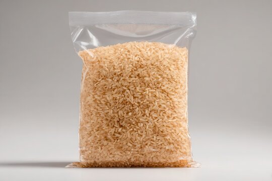 Bag of uncooked brown rice in clear packaging studio