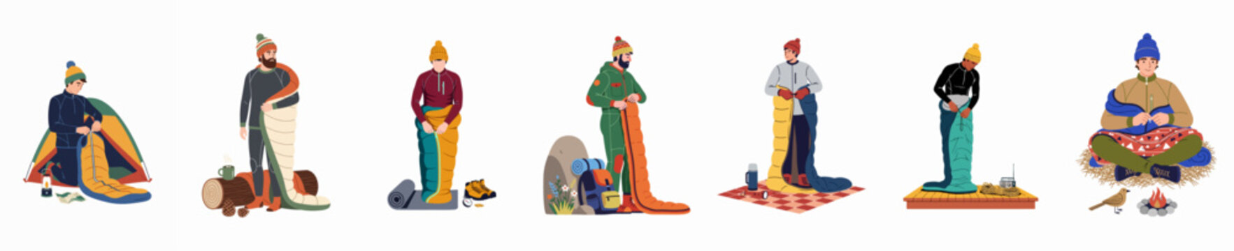 Set of men hikers and campers using various sleeping bags in different outdoor settings, showcasing adventure gear and survival equipment for nature travel.