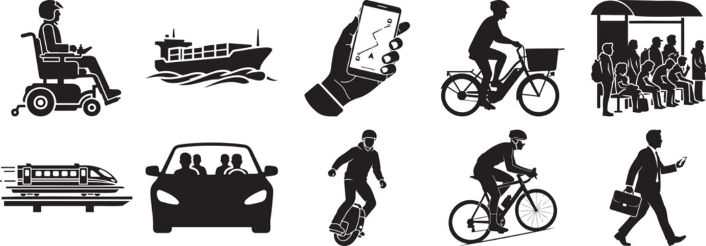 Diverse collection of transportation, urban mobility, and daily commute vector icons