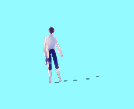 立ち止まる男性　足跡