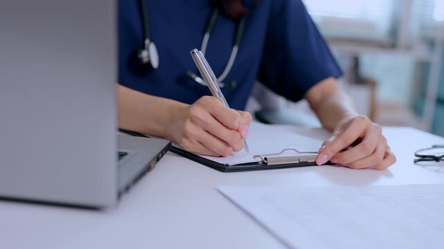 Focused medical professional doctor or nurse wearing blue scrubs with stethoscope writing on clipboard using pen at hospital clinic desk near laptop typing patient healthcare record