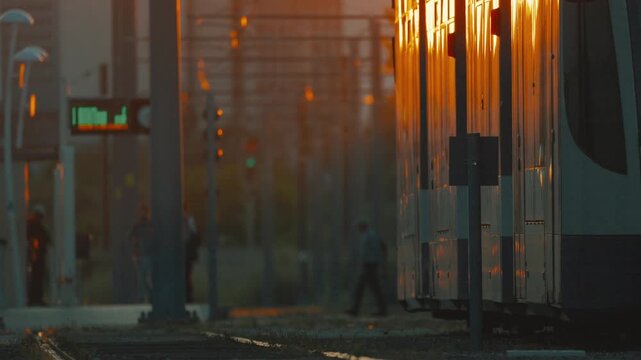Sunset at the train station with people walking and trams arriving in the early evening